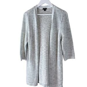 J. Jill Womens Blue White Crochet Cotton 1/2 Sleeve Open Cardigan Sweater‎ Sz L